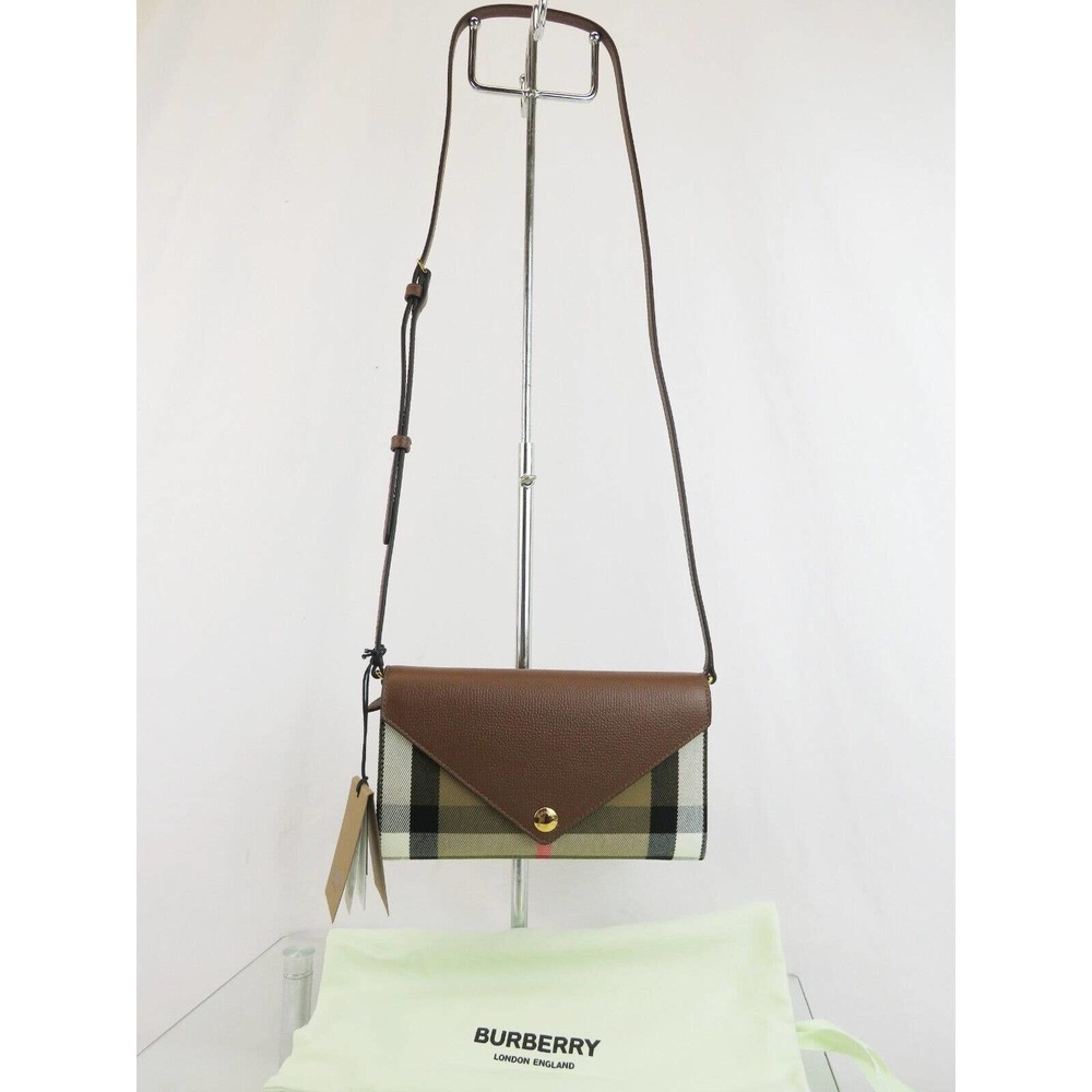 $910 NWT BURBERRY HANNAH TAN LEATHER CANVAS CHECK SHOULDER STRAP CLUTCH BAG - Picture 7 of 16
